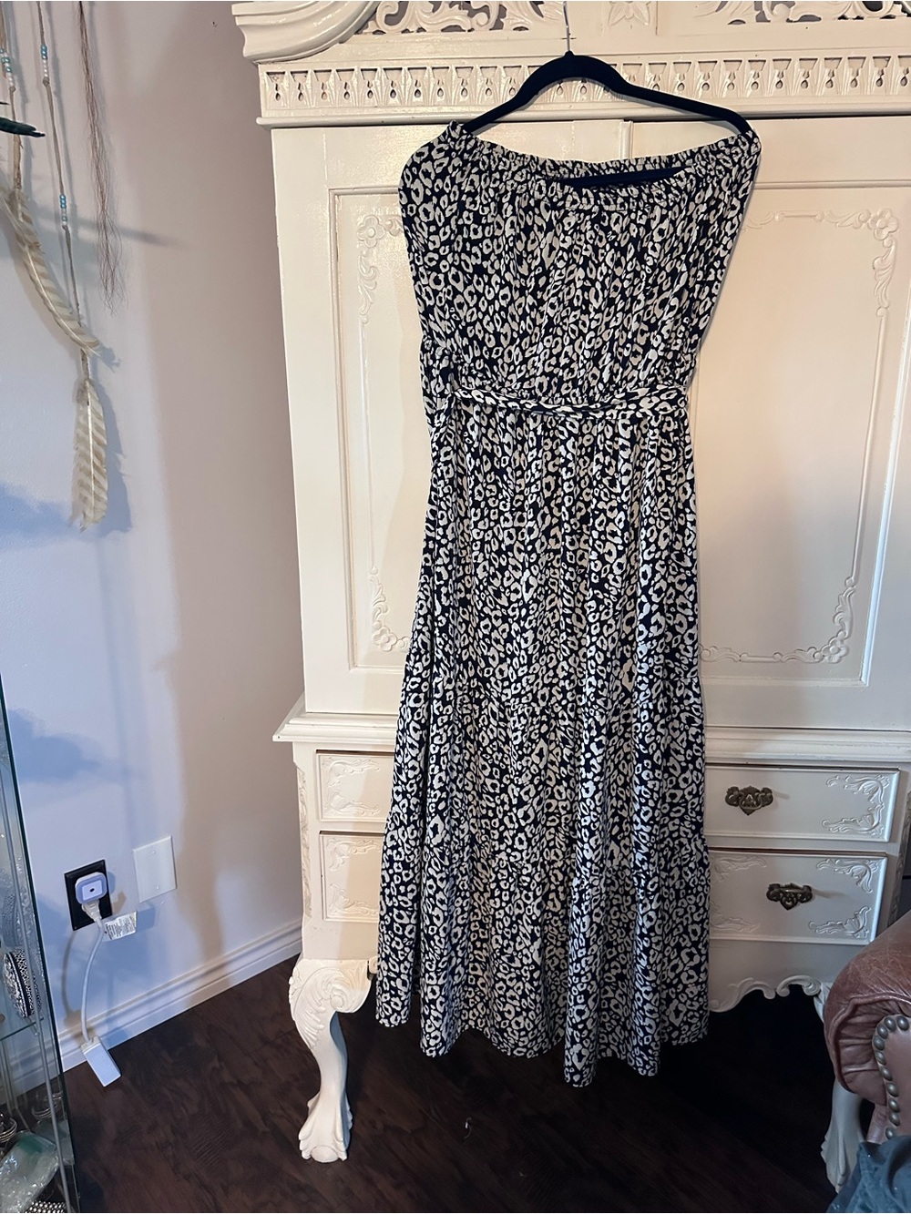Navy and White Strapless Three Tiers Dress Elastic Waist with Belt